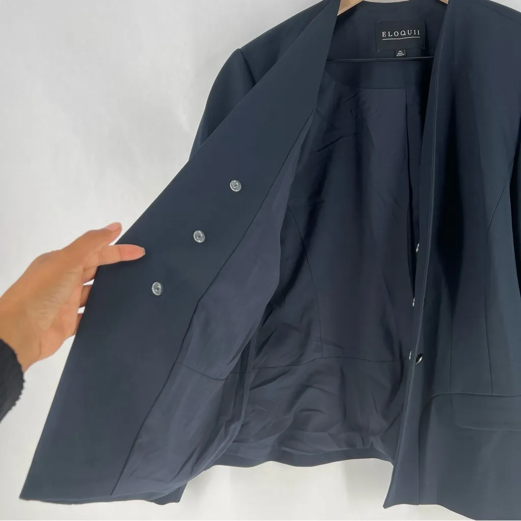 Eloquii Women's Navy Military Button Open Front Collarless Blazer Jacket Size 14 - Image 5