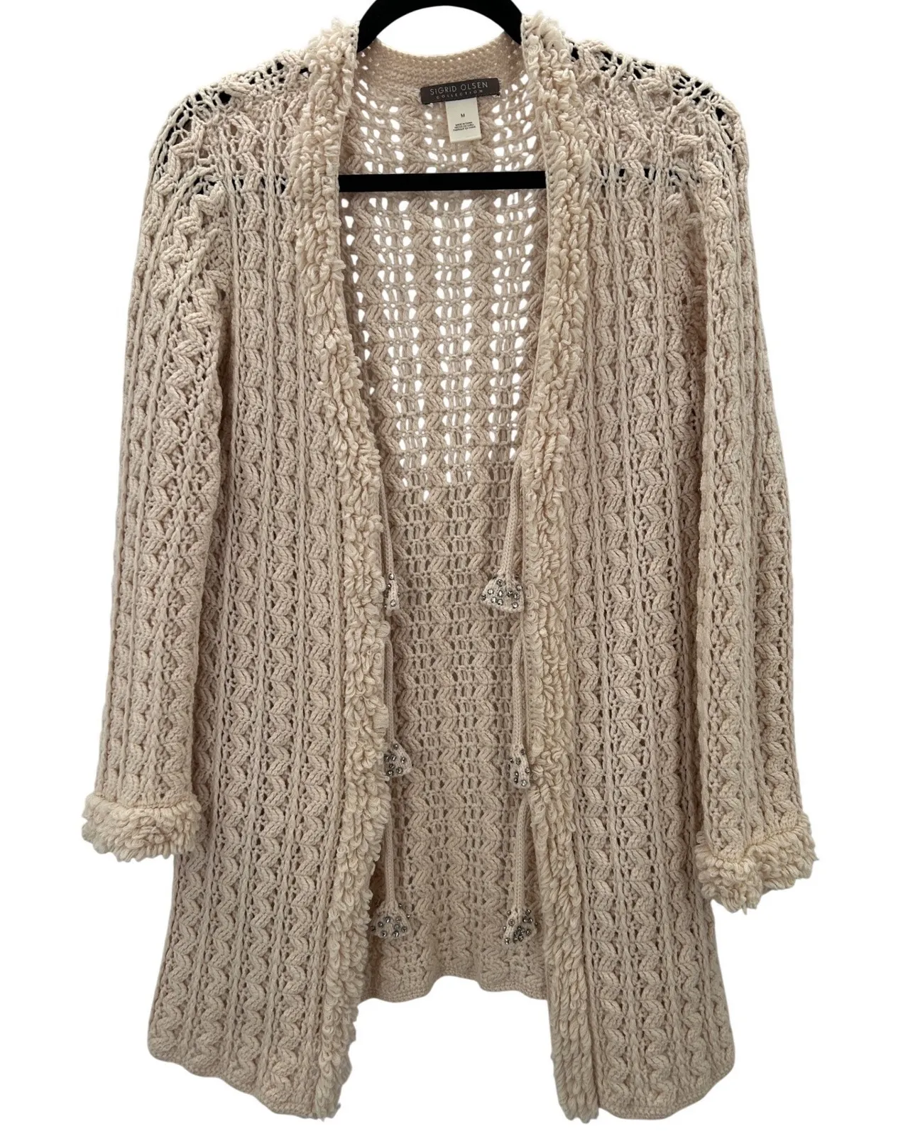 Sigrid Olsen Cream Wool Open Knit Rhinestone Fringe Cardigan Sweater Medium - Image 1