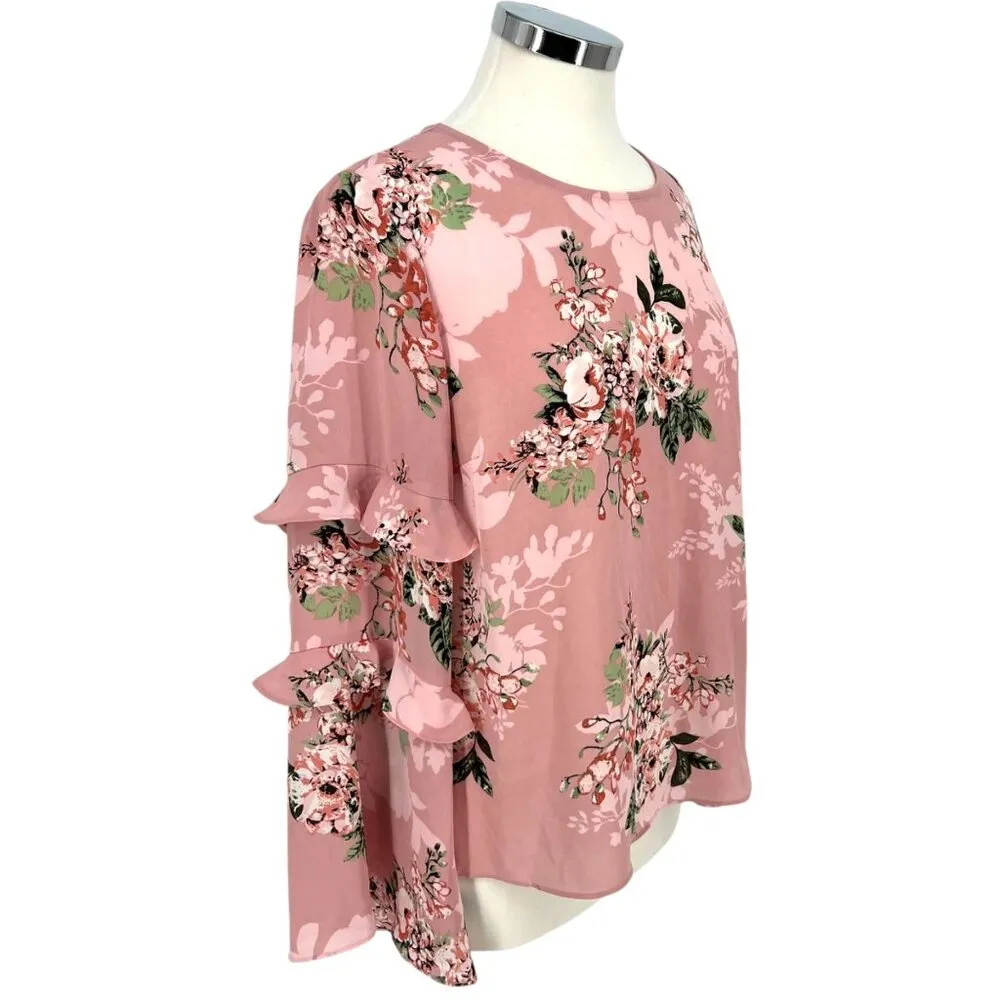 Maison Jules Floral Ruffle Sleeve Casual Blouse Pink Multicolor Size Medium - Image 3