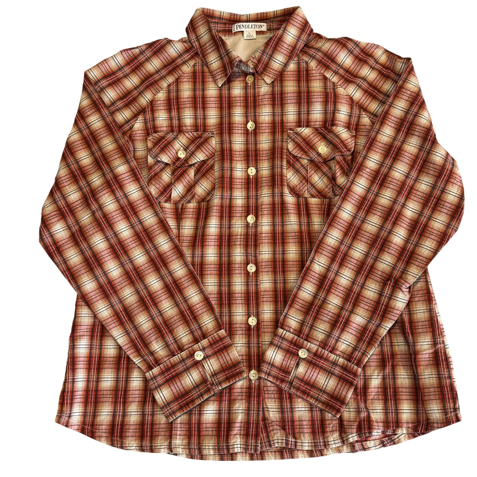 Pendleton Vented Long Sleeve Button Up Shirt Womens Large Red Tan Plaid Cotton - Image 1
