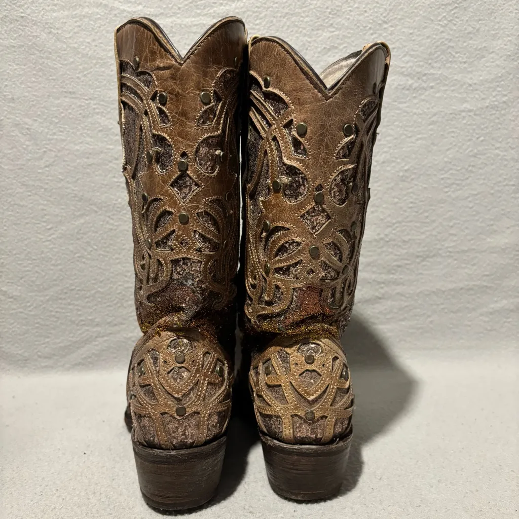 Unbranded women’s glitter inlay and studded western boots approx. size 6 Brown - Image 5