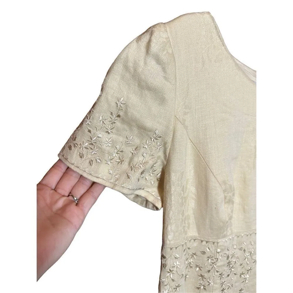Vintage Maggy London Light Pastel Yellow embroidered linen maxi sheath dress sz - Image 8