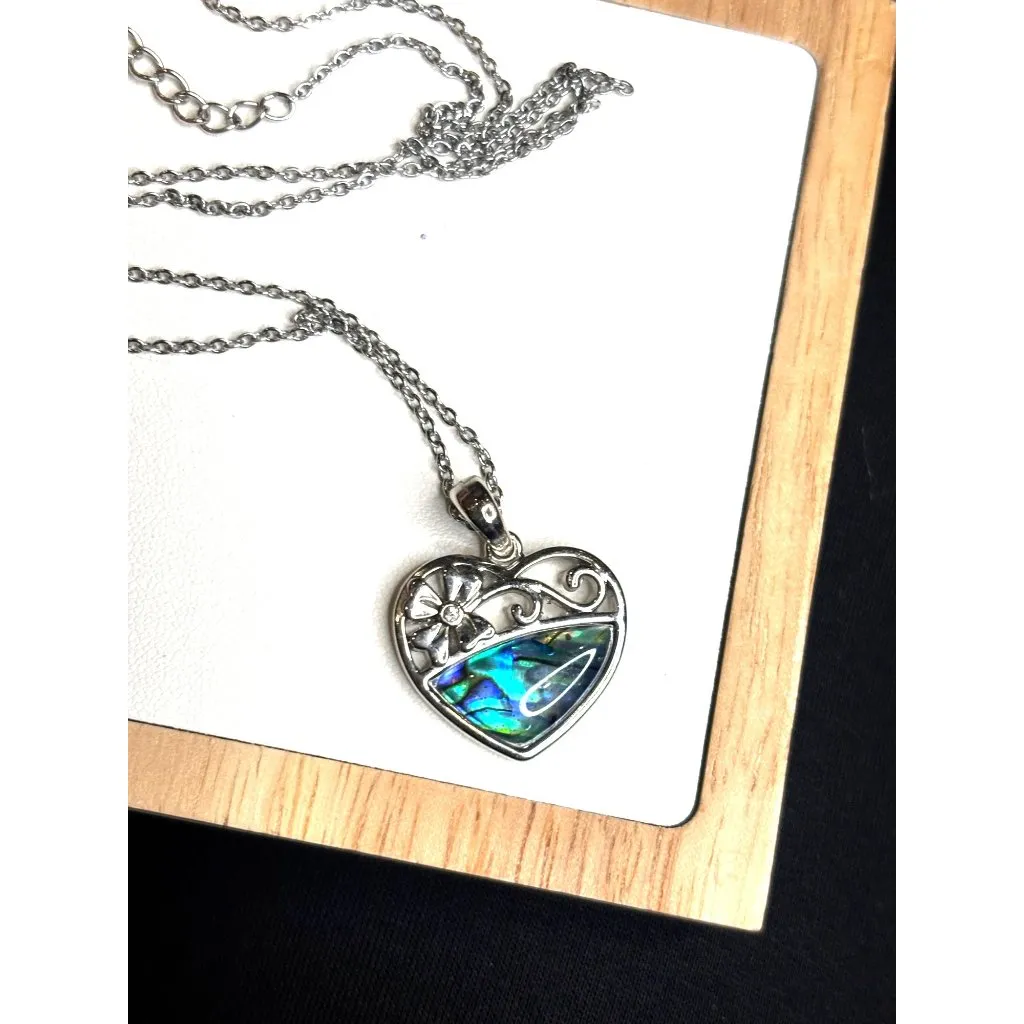 Heart-Shaped Sterling Silver Pendant With Abalone Inlay & Floral Detail On Chain - Image 2