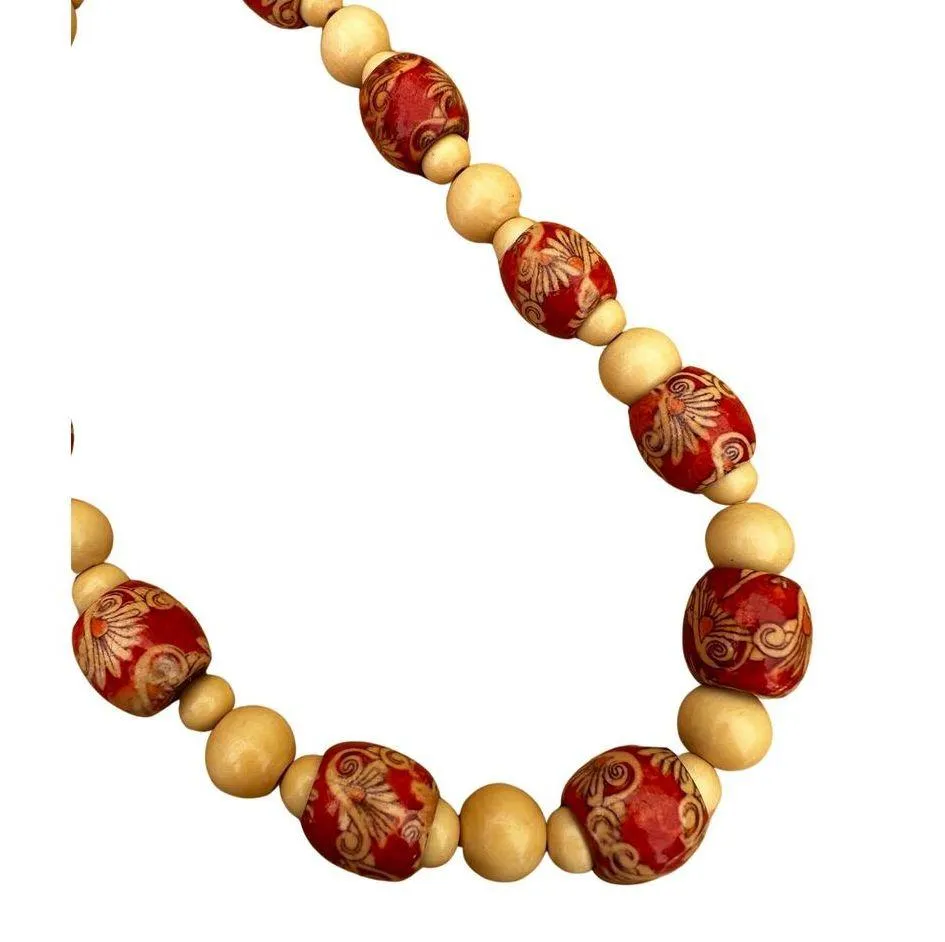 Wooden Bead 90s Asian Floral Vintage Choker Necklace Red - Image 2