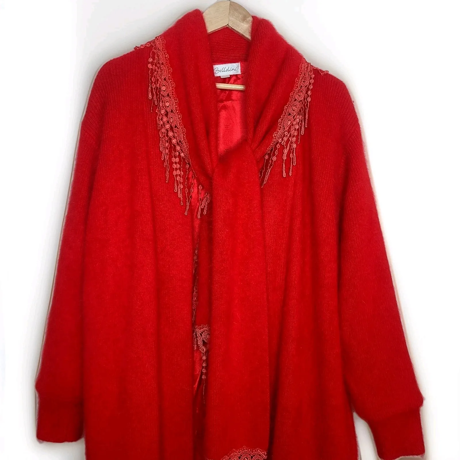 Vtg Belldini Cardigan Women Large‎ Angora Rabbit Hair Lined Sweater Long Jacket Red - Image 3