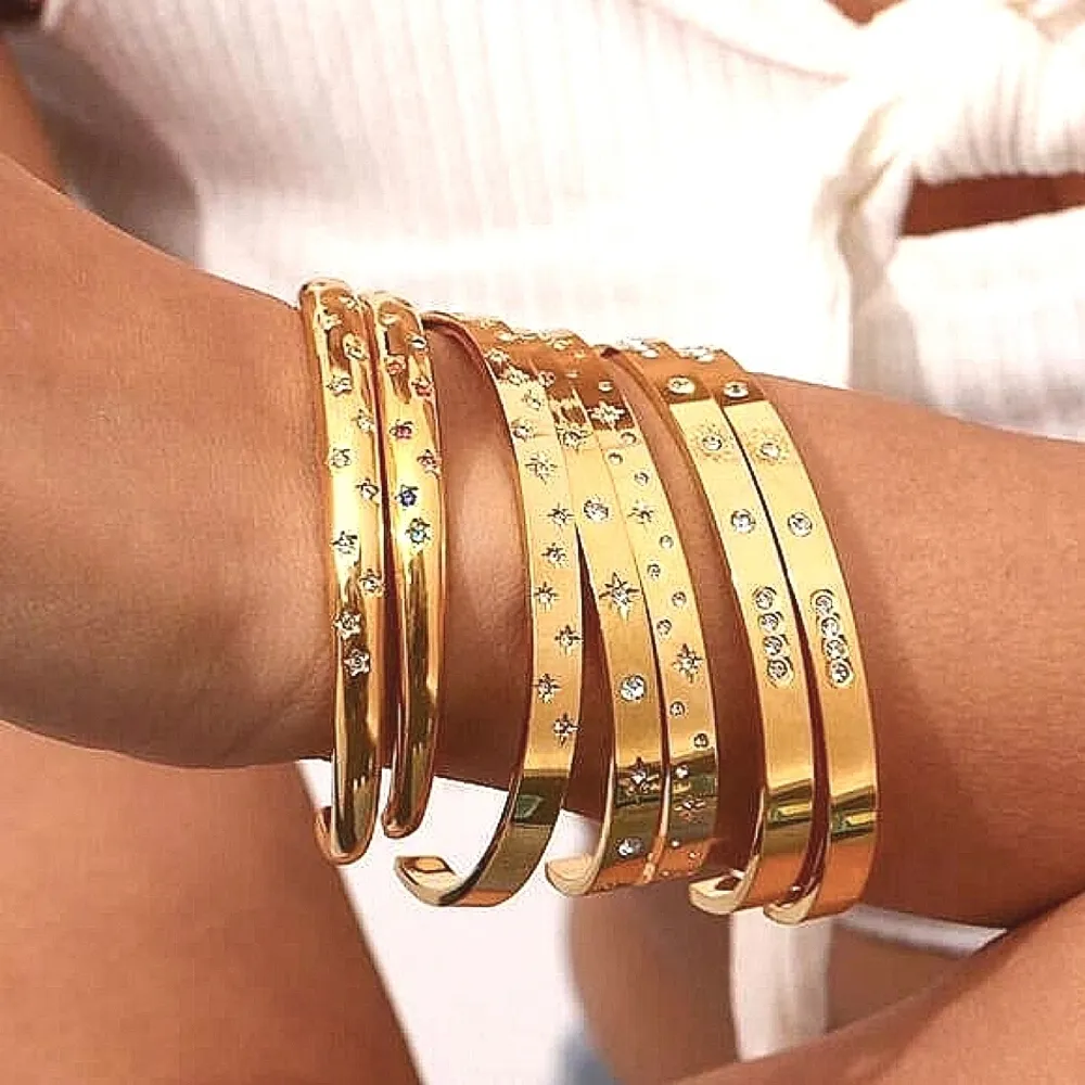 NEW Heavy 18k Gold Simulated Diamond Stars Bangle Cuff Bracelet Sz‎ Adjustable - Image 4