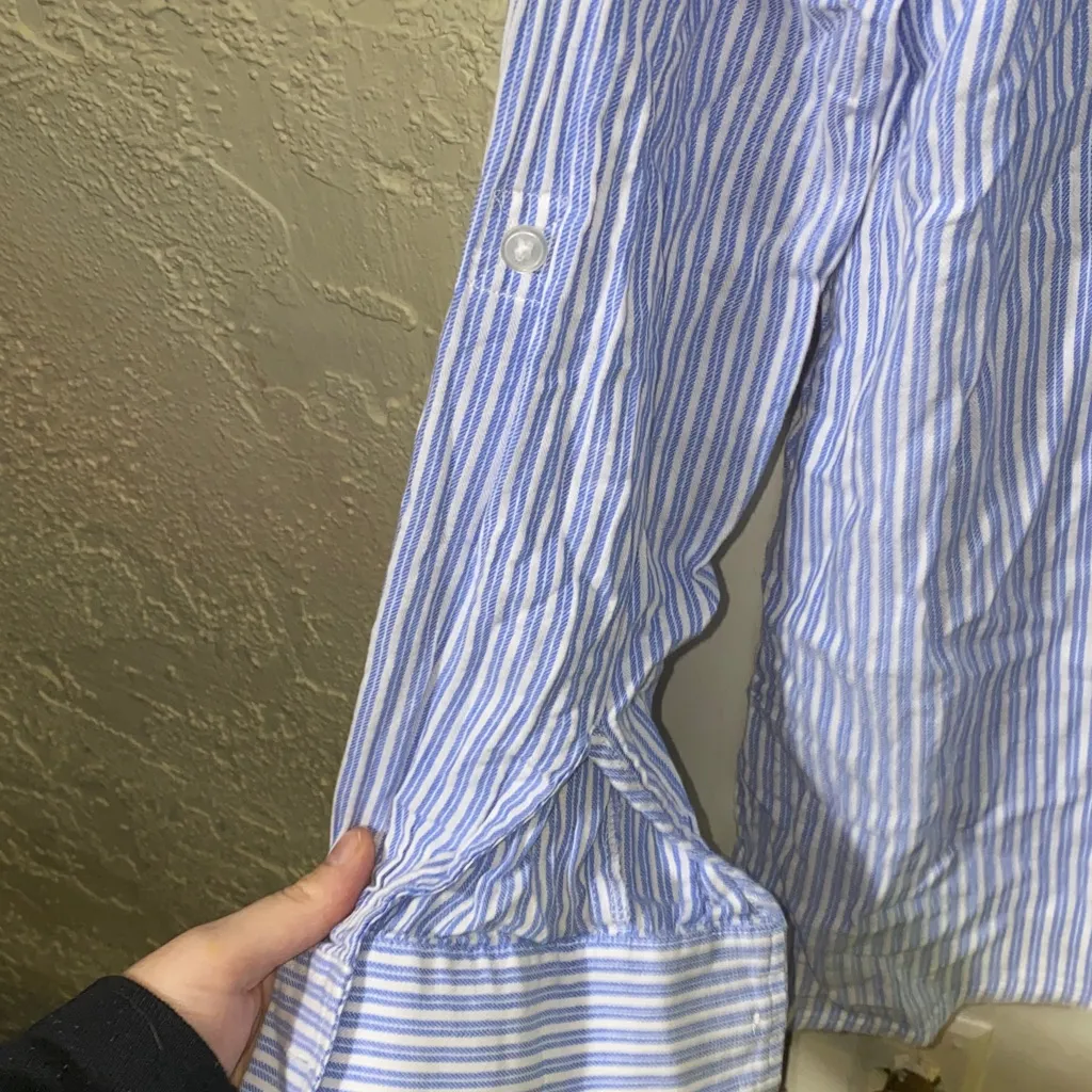 Jones New York Sport Blue & White Striped Button Up Dress Shirt With Side Slits - Image 6