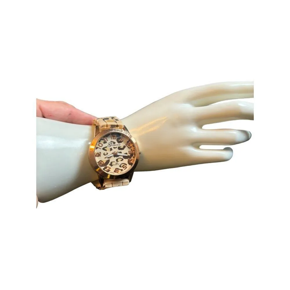 Geneva Women's Leopard Print Quartz Watch Beige & Black 10" Adjustable Resin Ban - Image 6