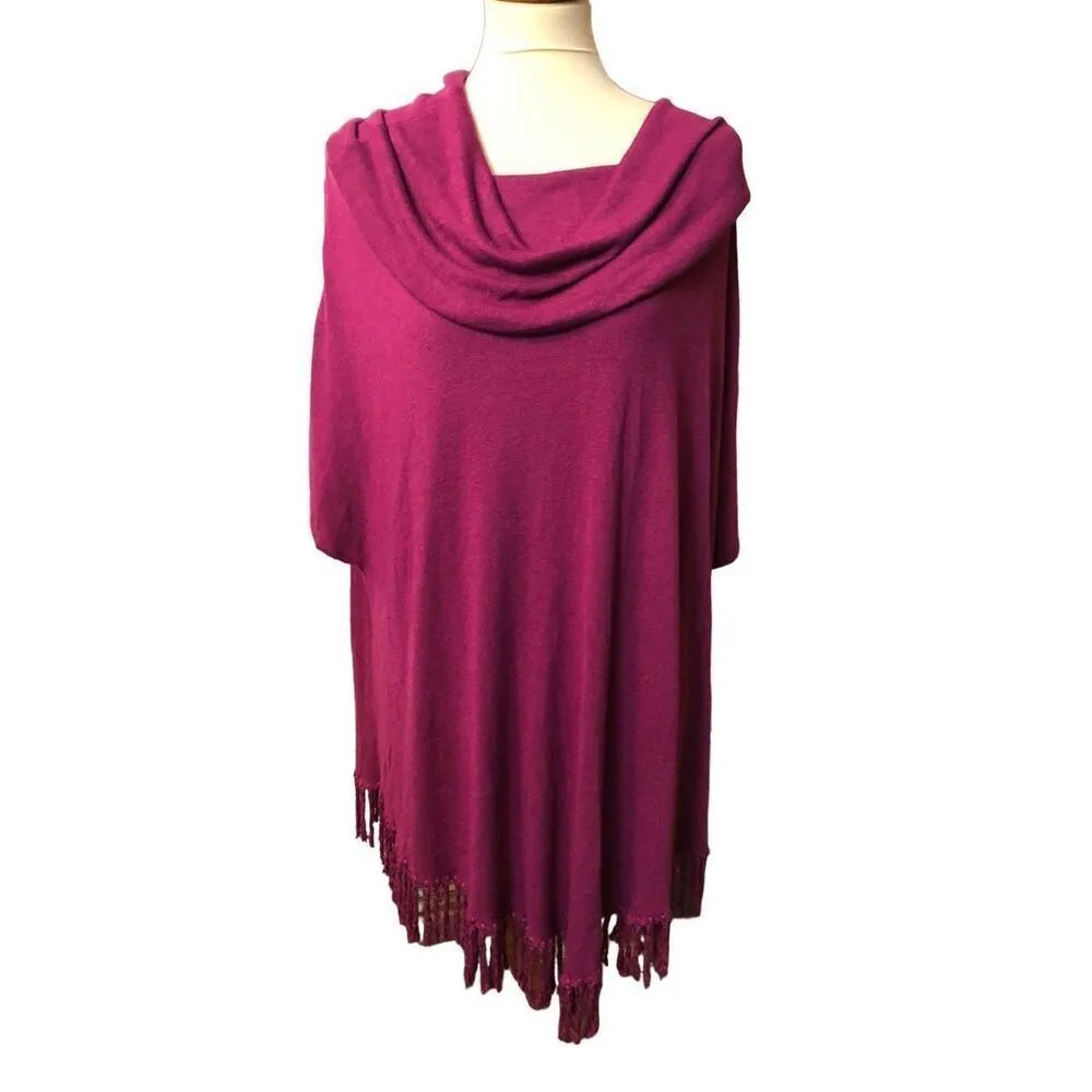 Poncho Peck & Peck Weekend pink fuchsia pullover cowl neck batwing fringed ponch - Image 4