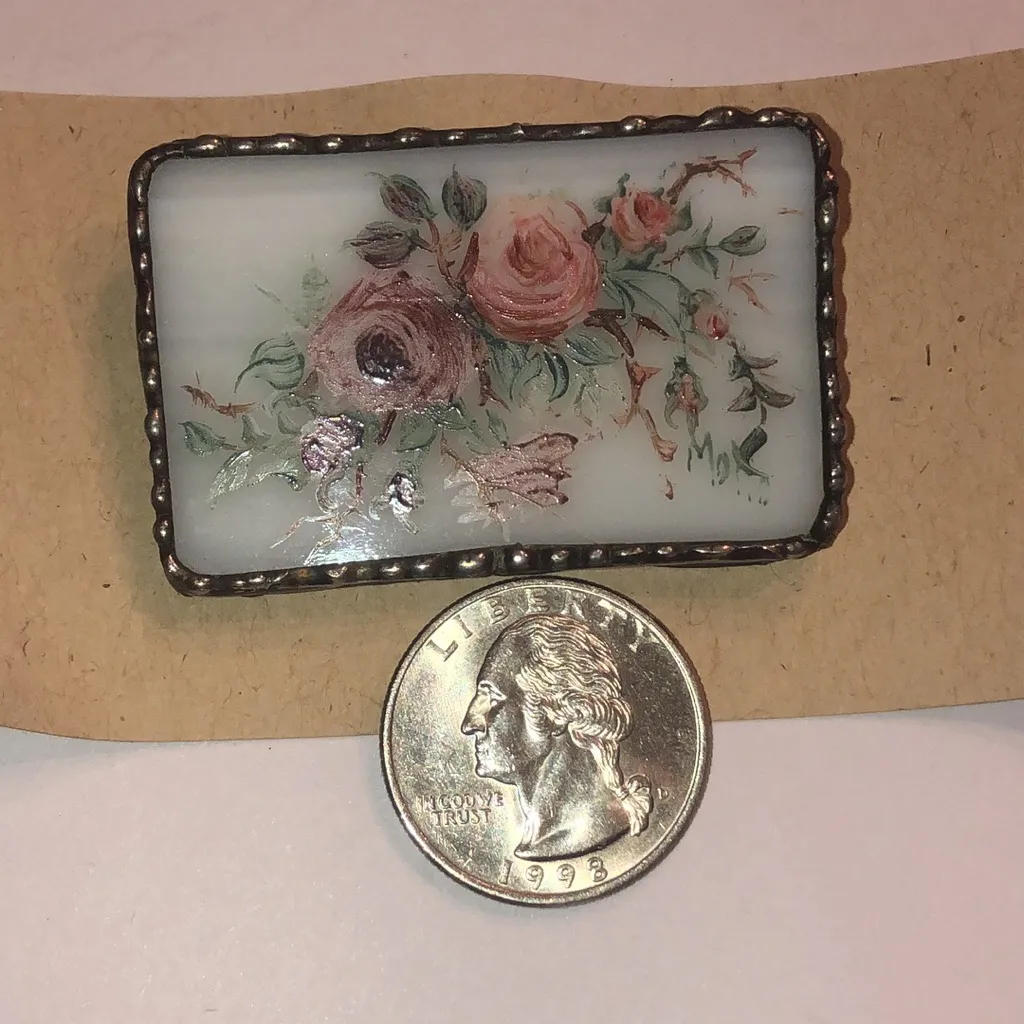 Vintage Floral Hand Painted Rectangular Brooch with Aged Silver Tone Trim White - Image 3