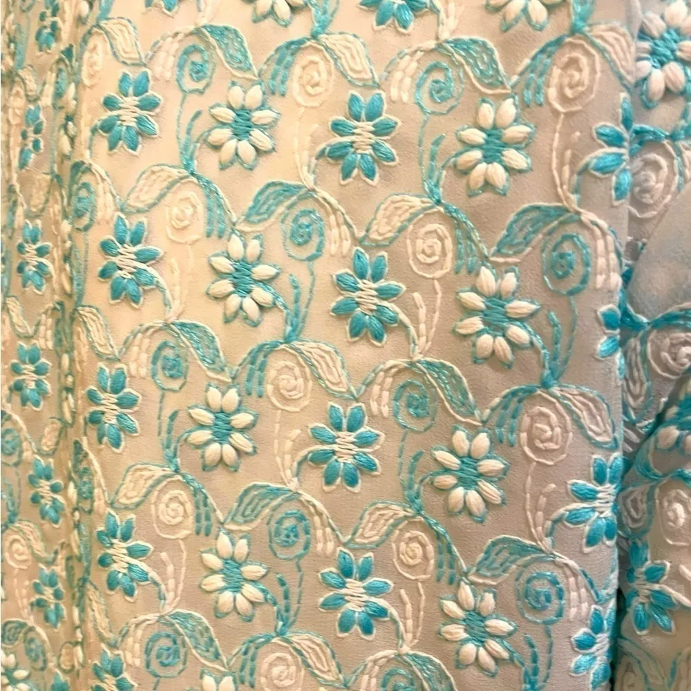 Kaira Split Neck Embroidered Floral Turquoise White Tunic Kurata XL Blue - Image 8