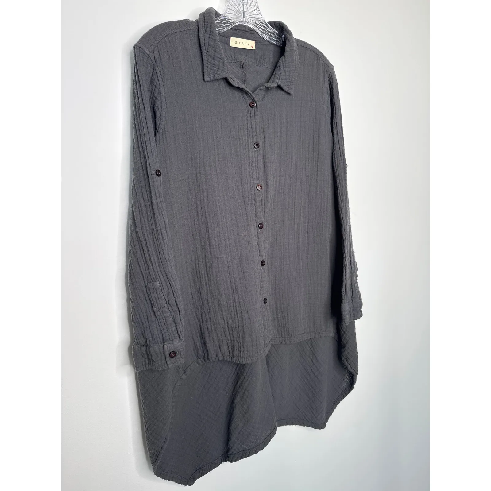 Stark X long sleeve uneven tunic high low shirt, charcoal cotton gauze medium Gray - Image 6