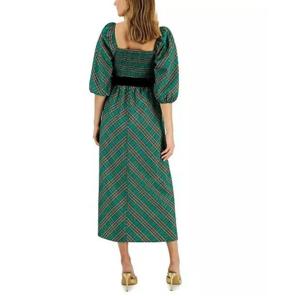 NWT! INC International Concepts Green Red Metallic Plaid Belted Midi Dress Small Green - Image 10