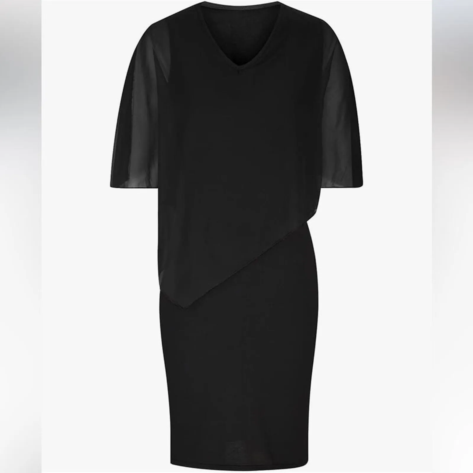 Women Black Chiffon Cape V Neck Bodycon Pencil Cocktail Elegant midi Dress M Size M - Image 8