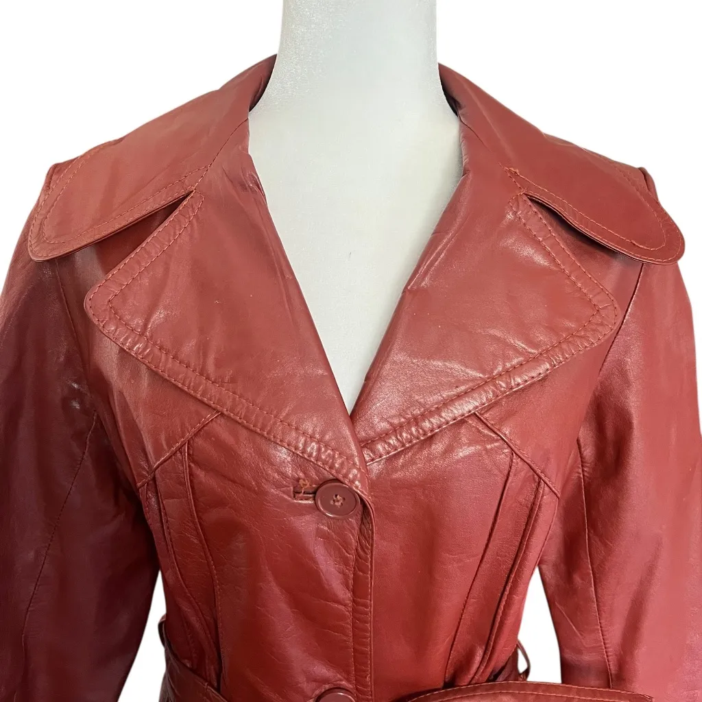 Vintage Dark Orange Leather Longline Trench Coat 70's Chic Size 12 - Image 7