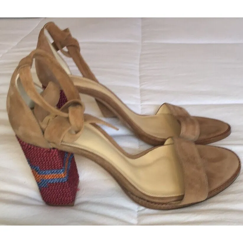 ALEXANDRE BIRMAM Suede Crochet Trim Sandals Elisa 7 1/2 Embroidered Block Heels - Image 9