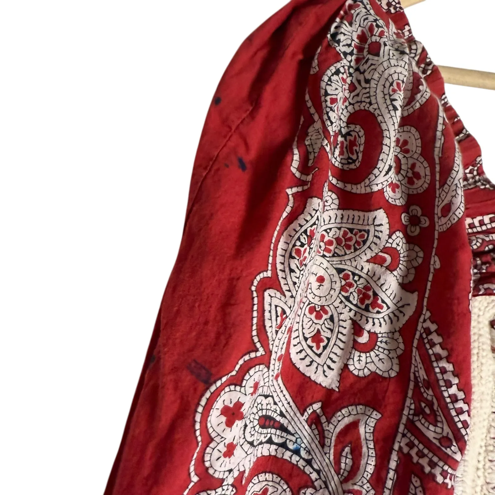 Sea New York Theodora Red Paisley Print Puff Sleeve Square Neck Crochet Trim Top - Image 9