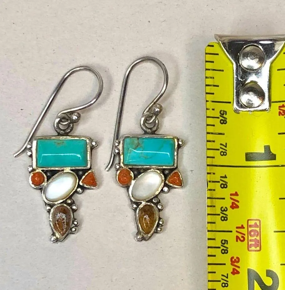 BARSE Sterling Silver Mother of Pearl Turquoise Coral Spiny Oyster Drop Earrings - Image 10