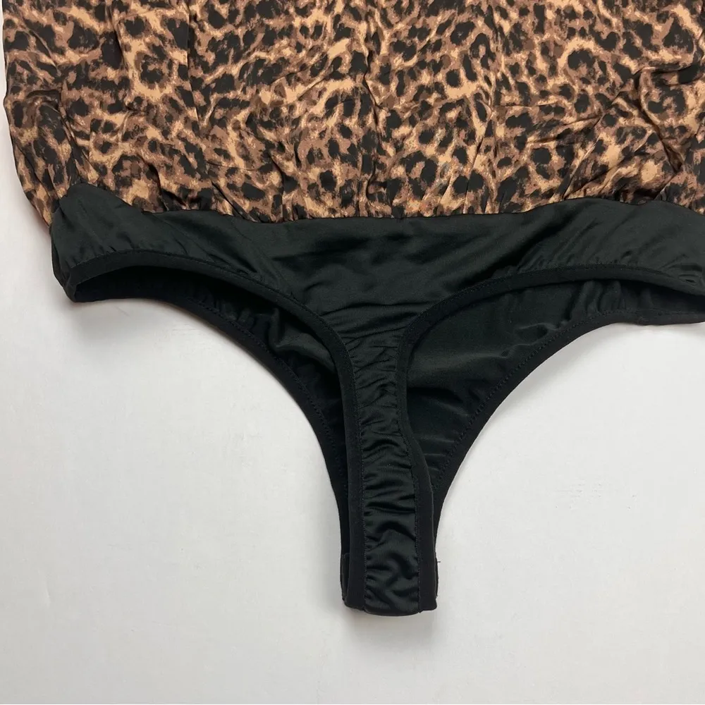 Good American Women SZ 1 Small Satin Wrap Bodysuit Sepia Leopard Long Sleeve NEW - Image 14