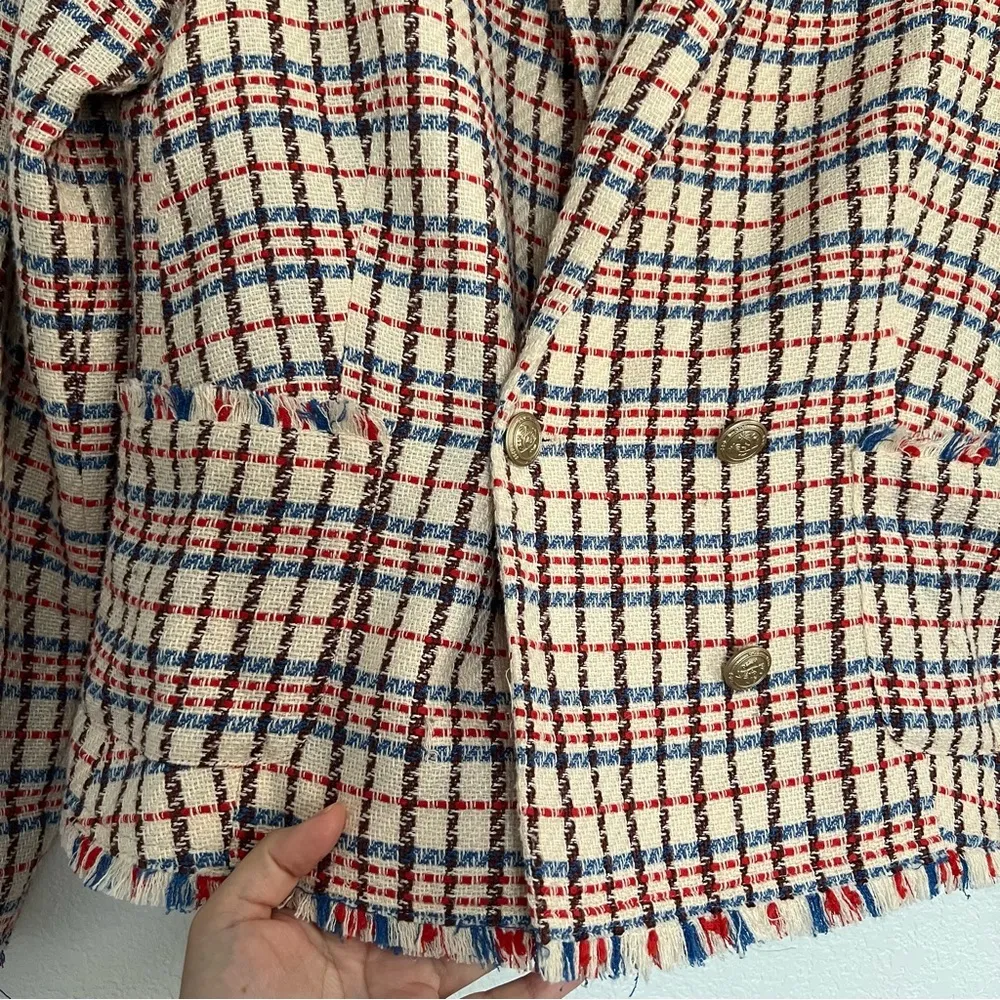 Scotch & Soda Tweed Plaid Blazer Cream Red Blue XS - Image 2