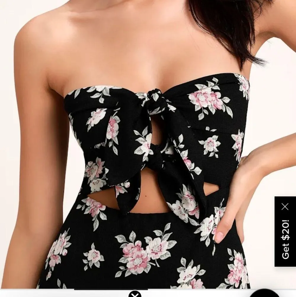 Lulus Frances Bkack Floral print Strapless Tie Front Mini Dress Size Medium Wom Black - Image 2