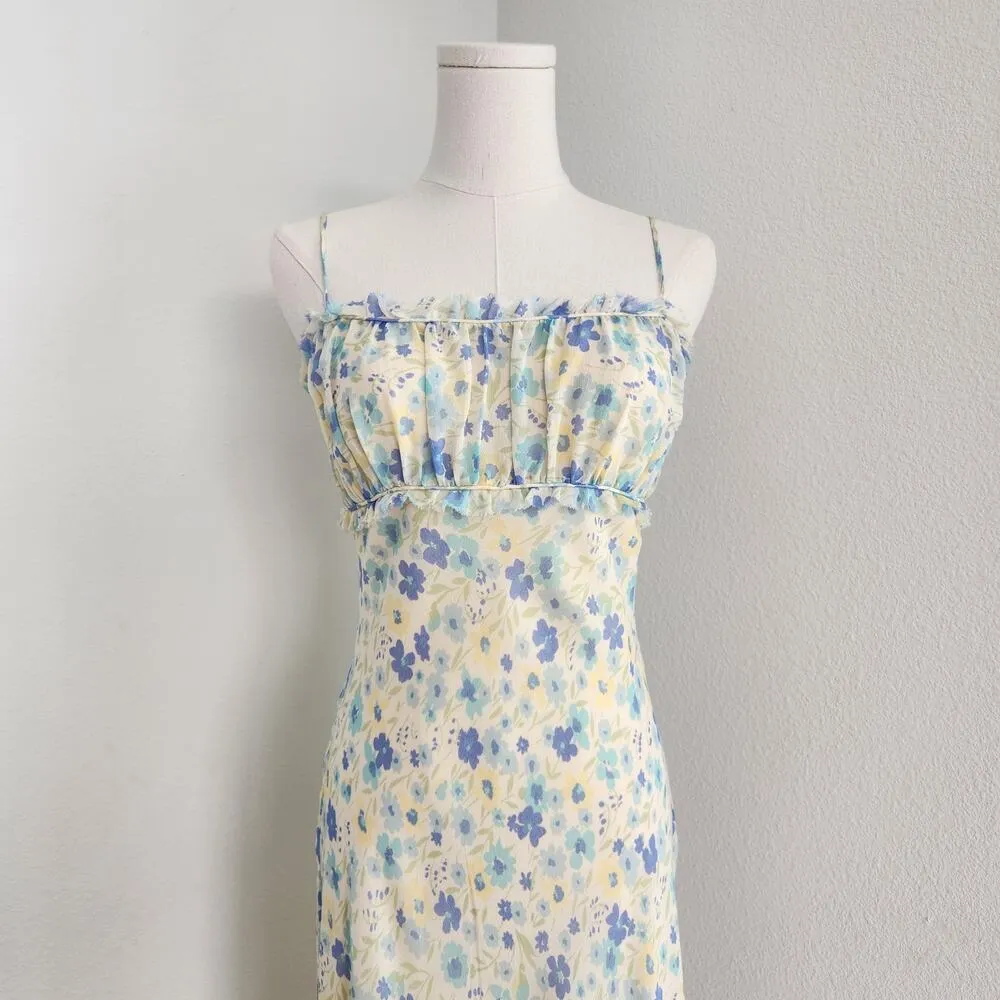 Vintage Express Pastel Blue Yellow Silk Midi Dress XS - Image 2