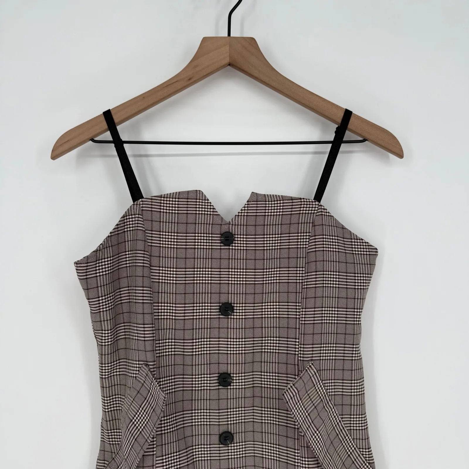 Plaid Button Front Mini Dress Sweetheart Neckline Adjustable Straps Pockets Brown - Image 4