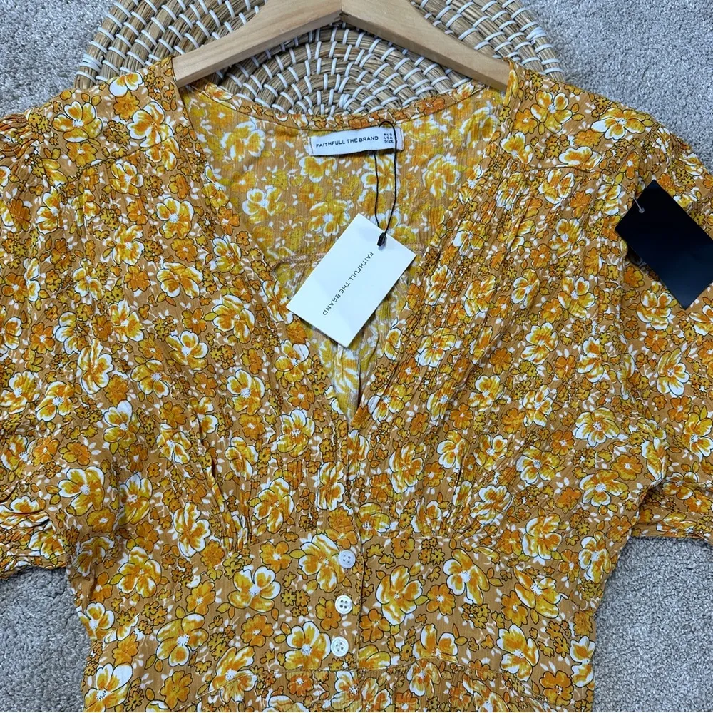 NWT Faithfull the Brand Rafa Dress V-Neck Puff Sleeve Saffron Delphine Floral 4 - Image 4