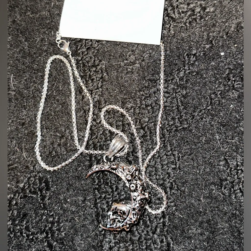 Earthbound Trading Cratered Crescent Moon w/ Skull Stainless Steel Necklace - Image 3