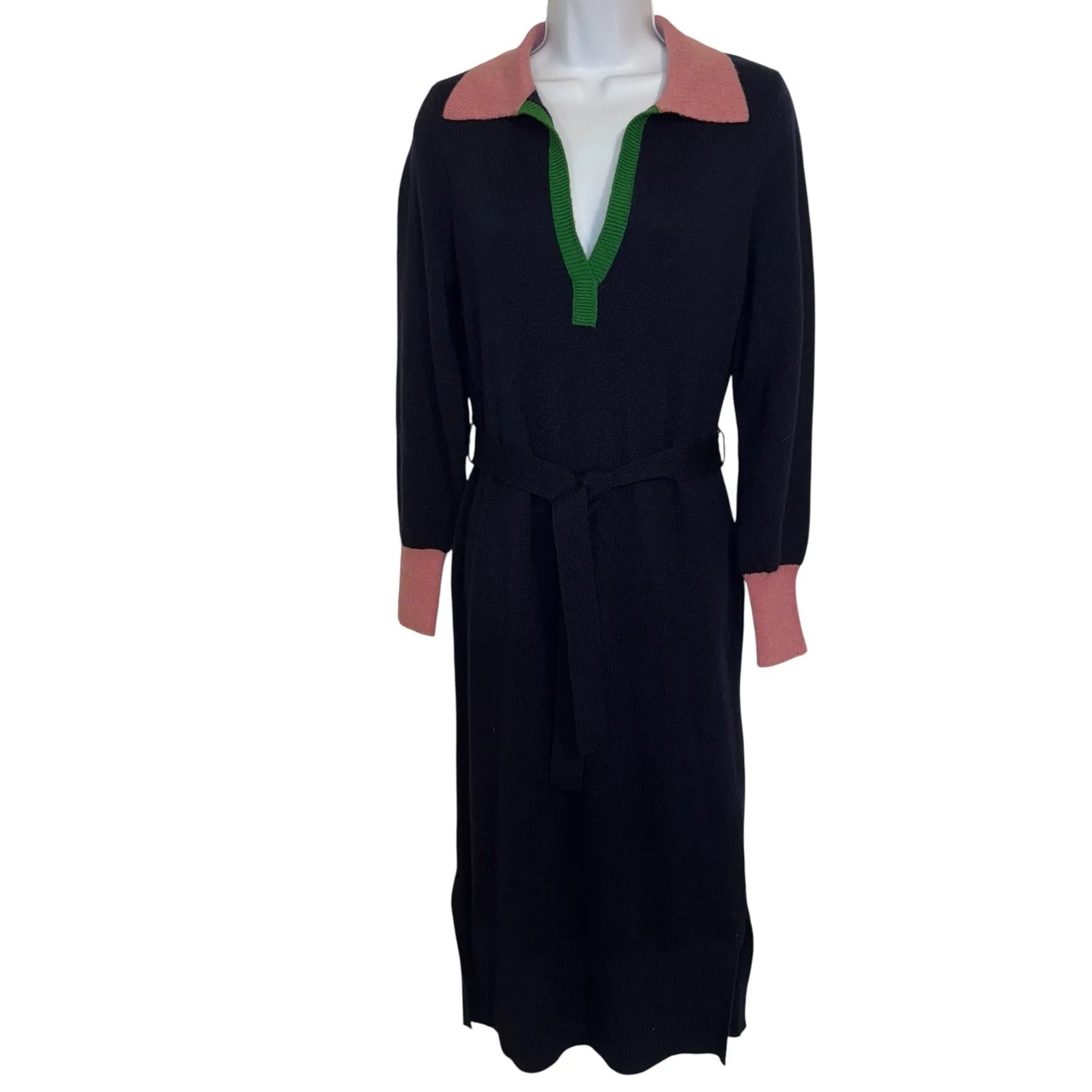 BODEN Navy Knit Sweater Dress Pink Green L/S Belted Wool Blend NWT Size‎ 4 Blue - Image 2