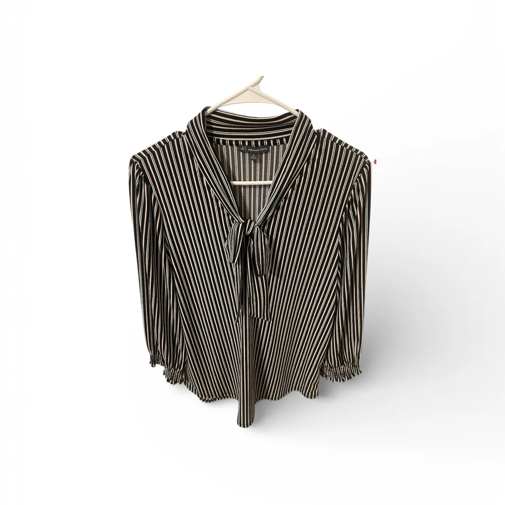 Adrianna Papell Black & White Pinstripe Tie-Neck Blouse | Size M - Image 2