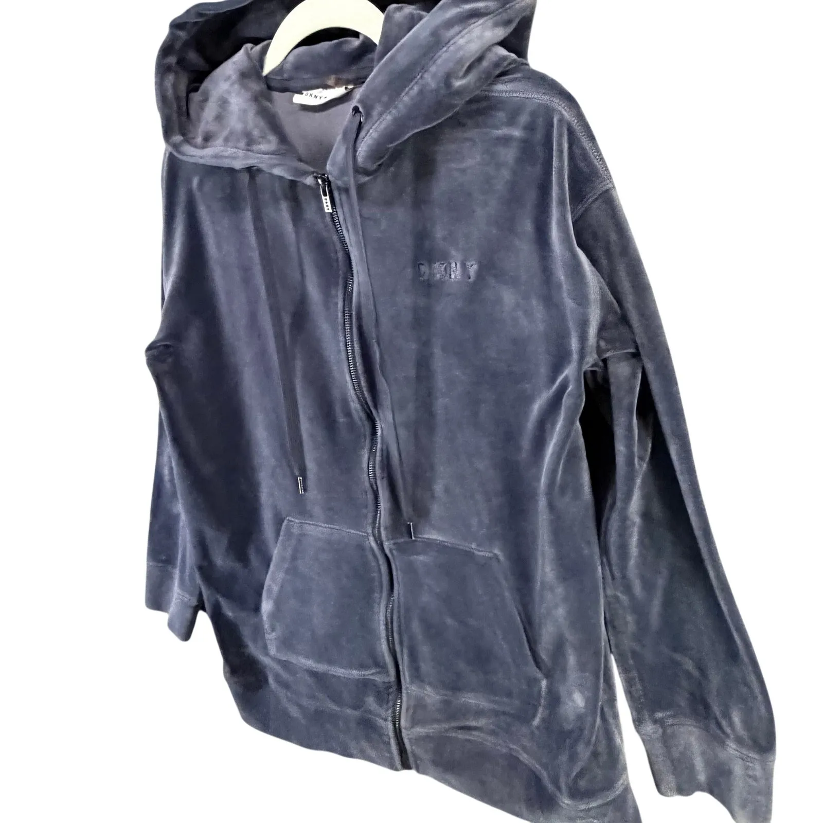 DKNY Sport Velour Hoodie Jacket Womens M Blue Velvet Full Zip Logo Sporty Cozy - Image 3