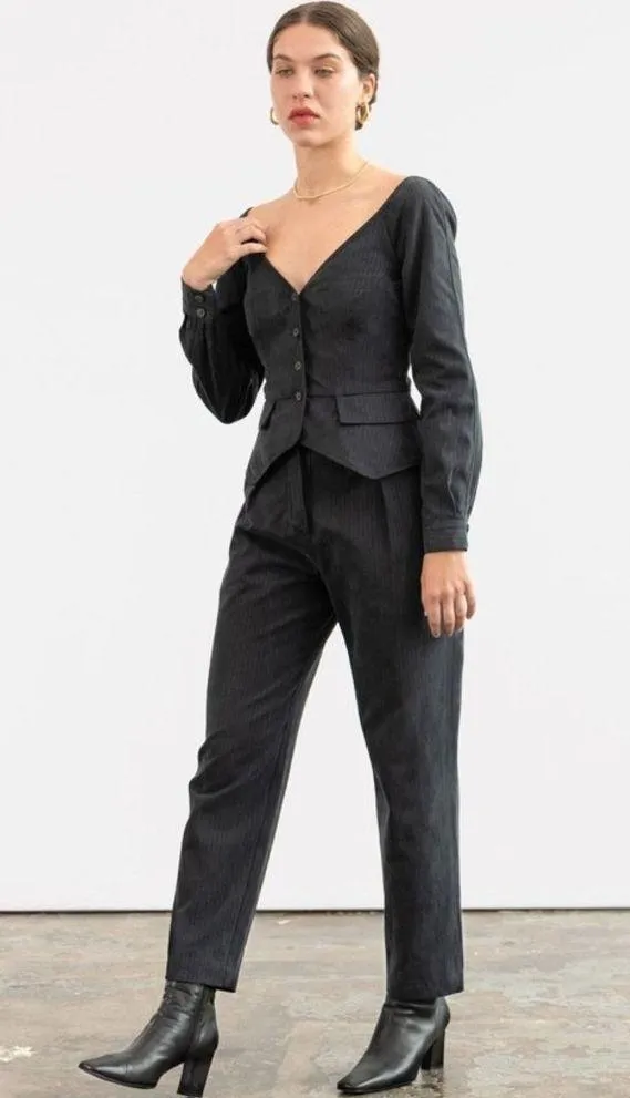 Mara Hoffman Ava Tailored Twill Long Sleeve Blouse Peplum Button Down Black NEW - Image 2