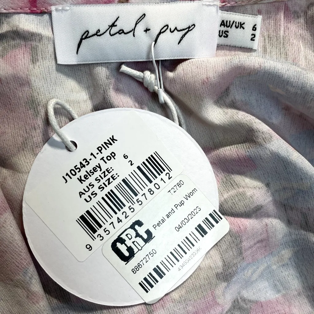 Petal + Pup Kelsey Top Womens 2 Pink Floral Cropped Long‎ Sleeve Tie Topper New - Image 8