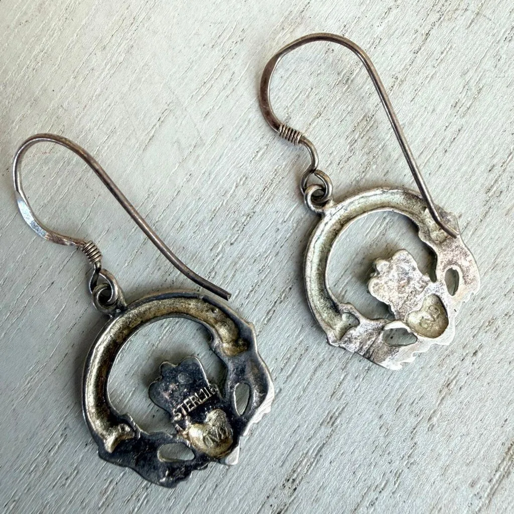 Sterling Silver Claddagh Dangle Earrings Green Inlay Irish Celtic - Image 6