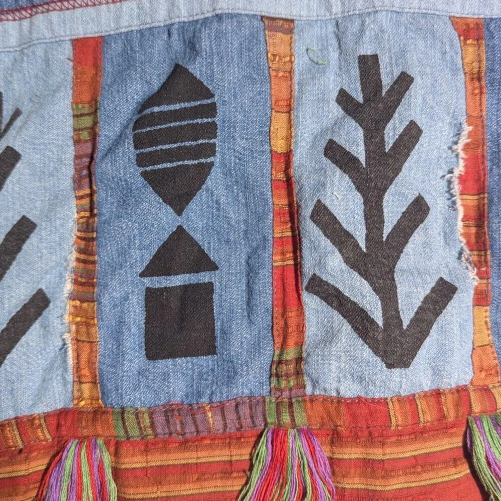 Vtg Y2K Parsley & Sage Boho Denim Rust Orange Patchwork Collarless Jacket Sz M Blue Size M - Image 4