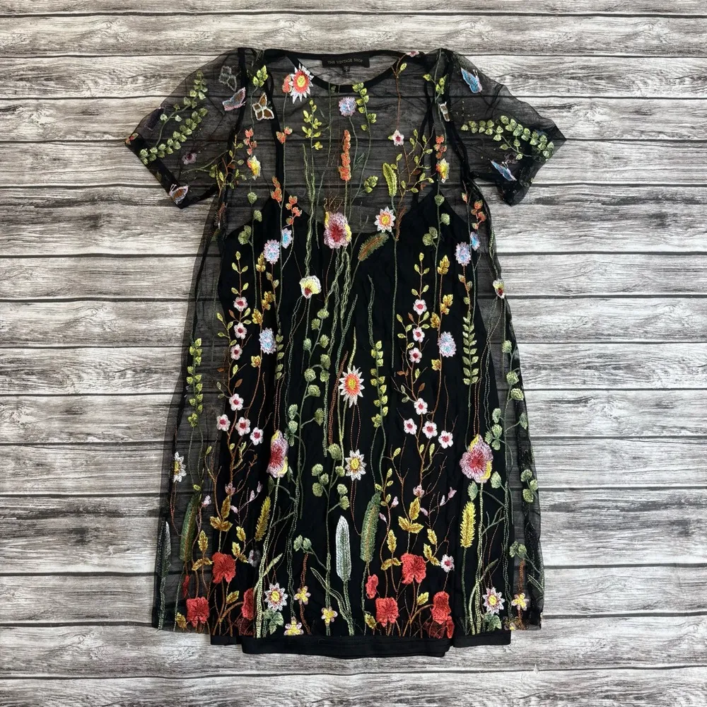 The Vintage Shop Women's Short Lace Overlay Mini Dress S SM Small Black Floral - Image 13