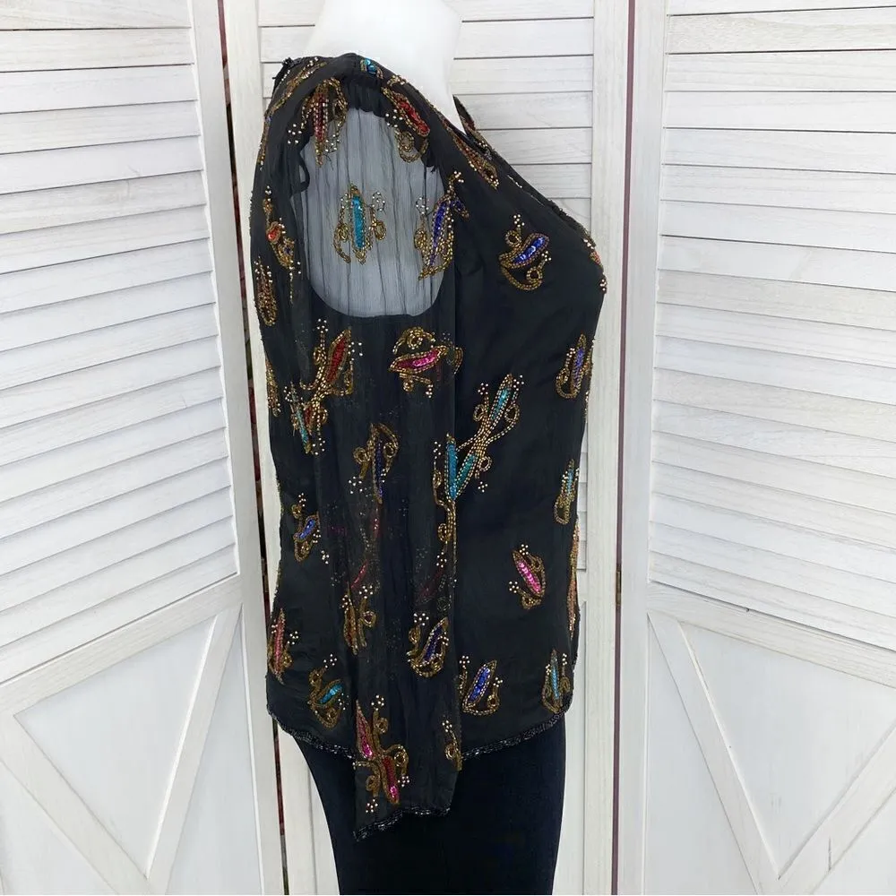 Stenay Vintage Sequin Beaded Silk Blouse‎ Black Multi XL - Image 3
