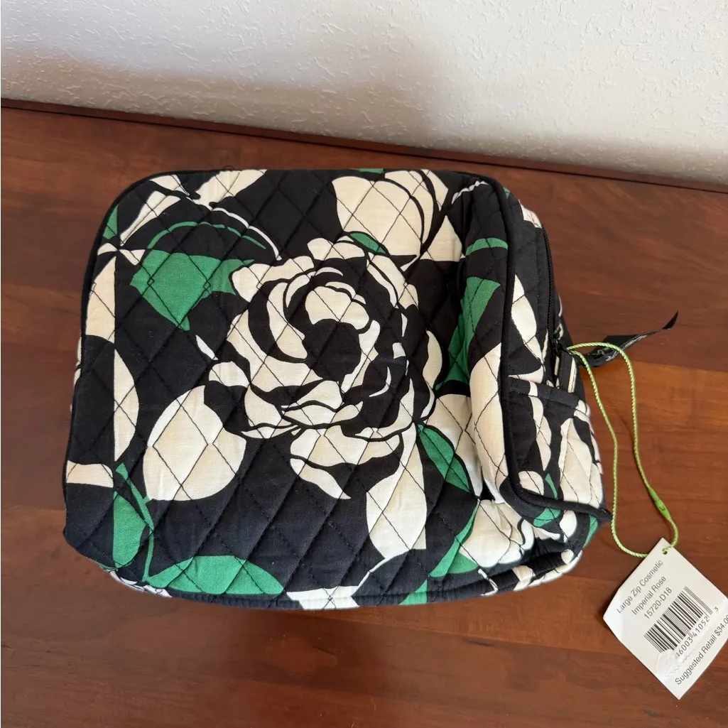 NWT Vera Bradley Imperial Rose Large Zip Cosmetic Makeup Bag Green Black Travel - Image 4