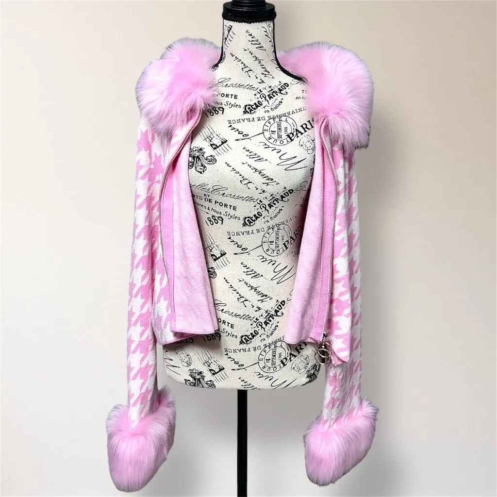 New Show Me Your MuMu Zermatt Zip Up Jacket‎ 3X Pink Houndstooth Faux Fur Y2K - Image 6