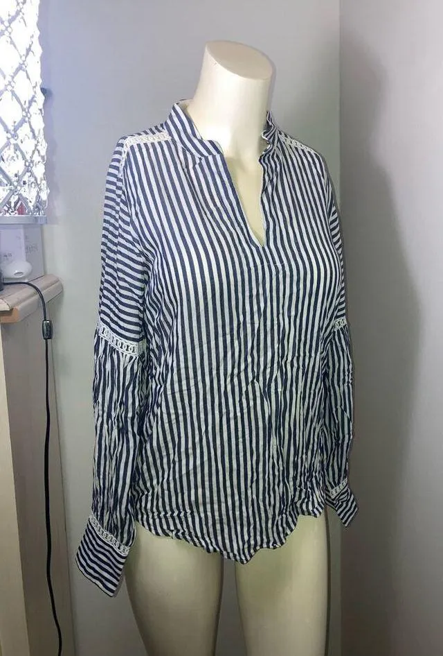 Ann Taylor Size XS Striped Blue White Long Sleeve Stripes Pullover Tunic v-neck - Image 5
