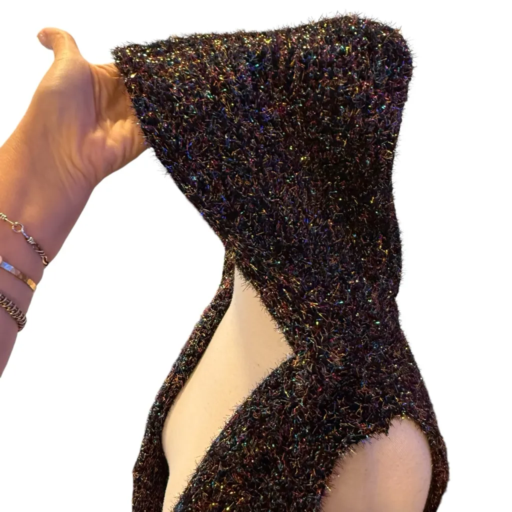 Fashion Apparel Rare Rainbow Metallic Eyelash Knit Longline Hooded Vest Size S/M Black - Image 6