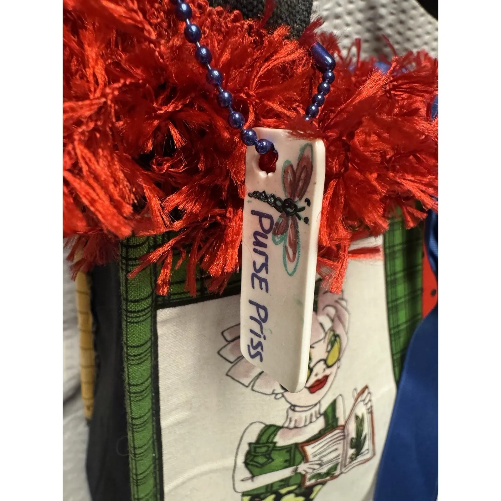 Handmade Purse Priss Novelty Tote Whimsical Women Panels w/red eyelash trim - Image 9