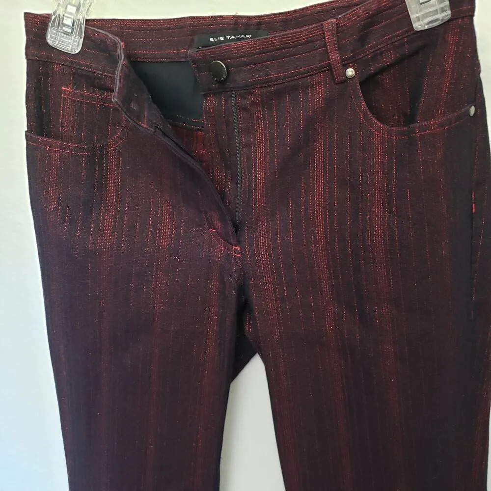 Elie Tahari Womens Pants Sz 6 Black Red Shimmer Stretch Retro Minimalist Stripe - Image 6