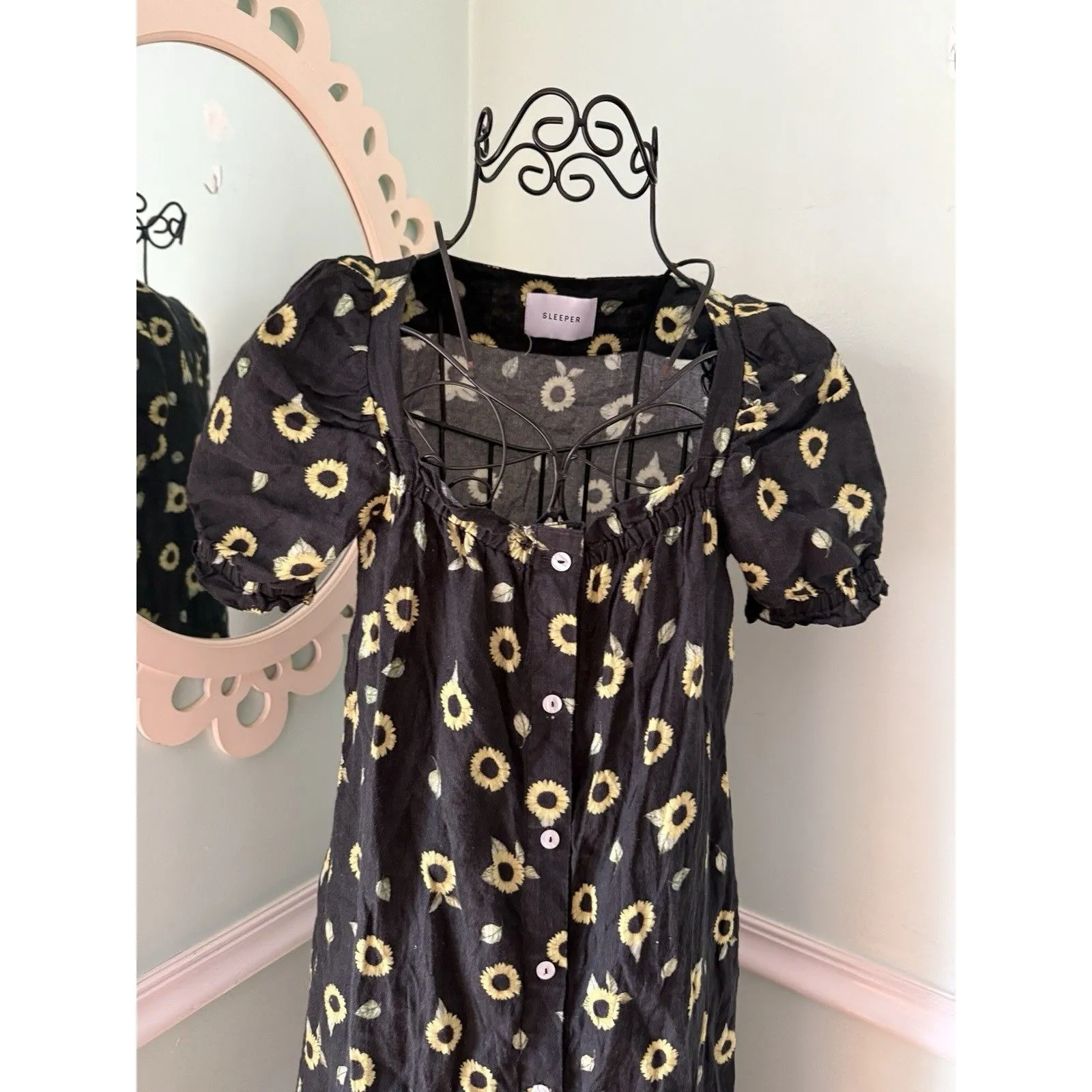 Sleeper Brigitte Linen Sunflower Black Yellow Floral Midi Dress XS  Puff Sleeve - Image 2