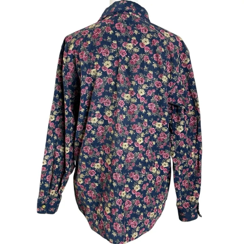 Vintage 90s Micro Corduroy Floral Cottage Shabby Chic Button Down Shirt Medium Blue - Image 3