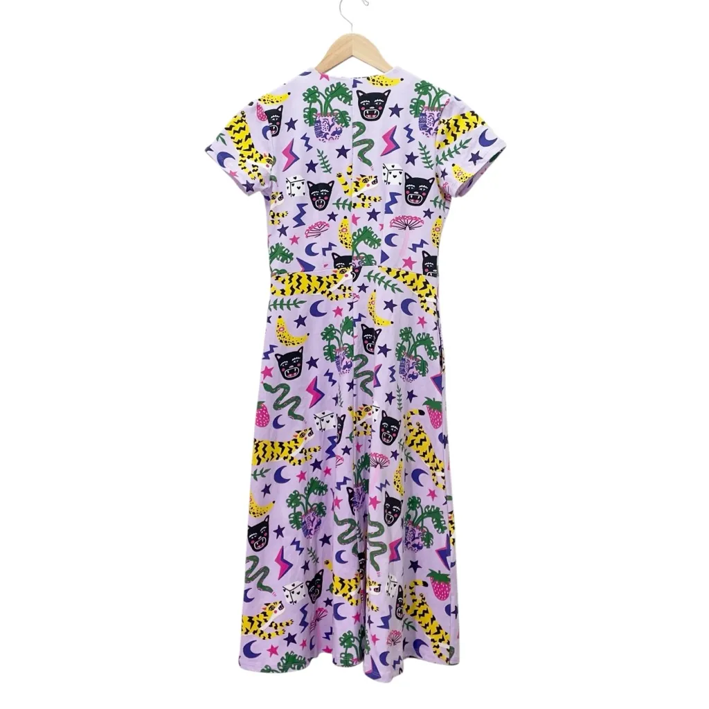 Nooworks Greta Dress XS Purple Graphic Print Fit & Flare Cotton Jersey Pockets - Image 5