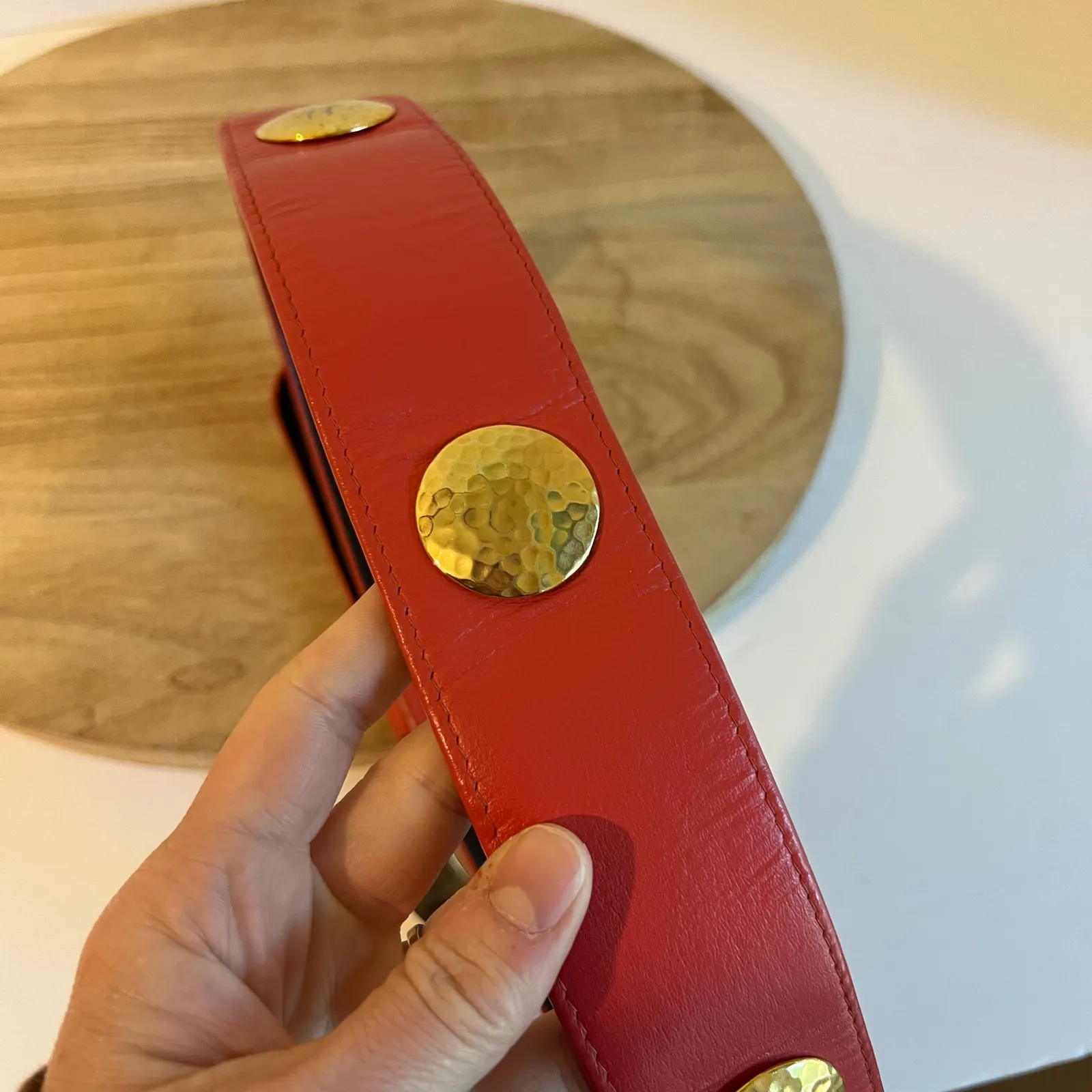 Carlisle Vintage Red Genuine Leather Gold Studded Chunky Buckle Belt Size XS/S - Image 12