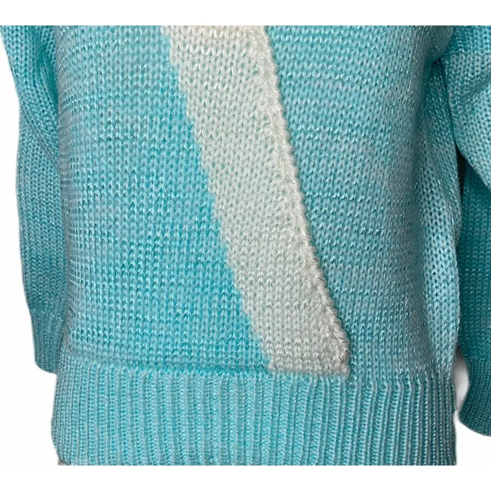 Vintage Charlotte VanHorne Turquoise Blue White Embellished V Neck Sweater Sz L Size L - Image 8
