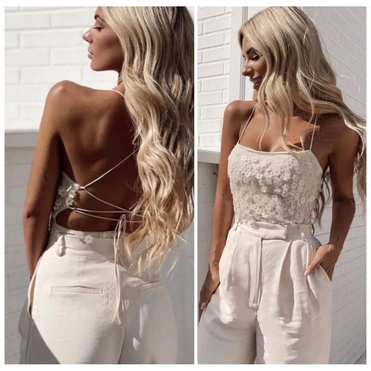 Zara Womens Bloggers Favorite Floral Applique Sequin Bodysuit Lace Up‎ Back XL - Image 3